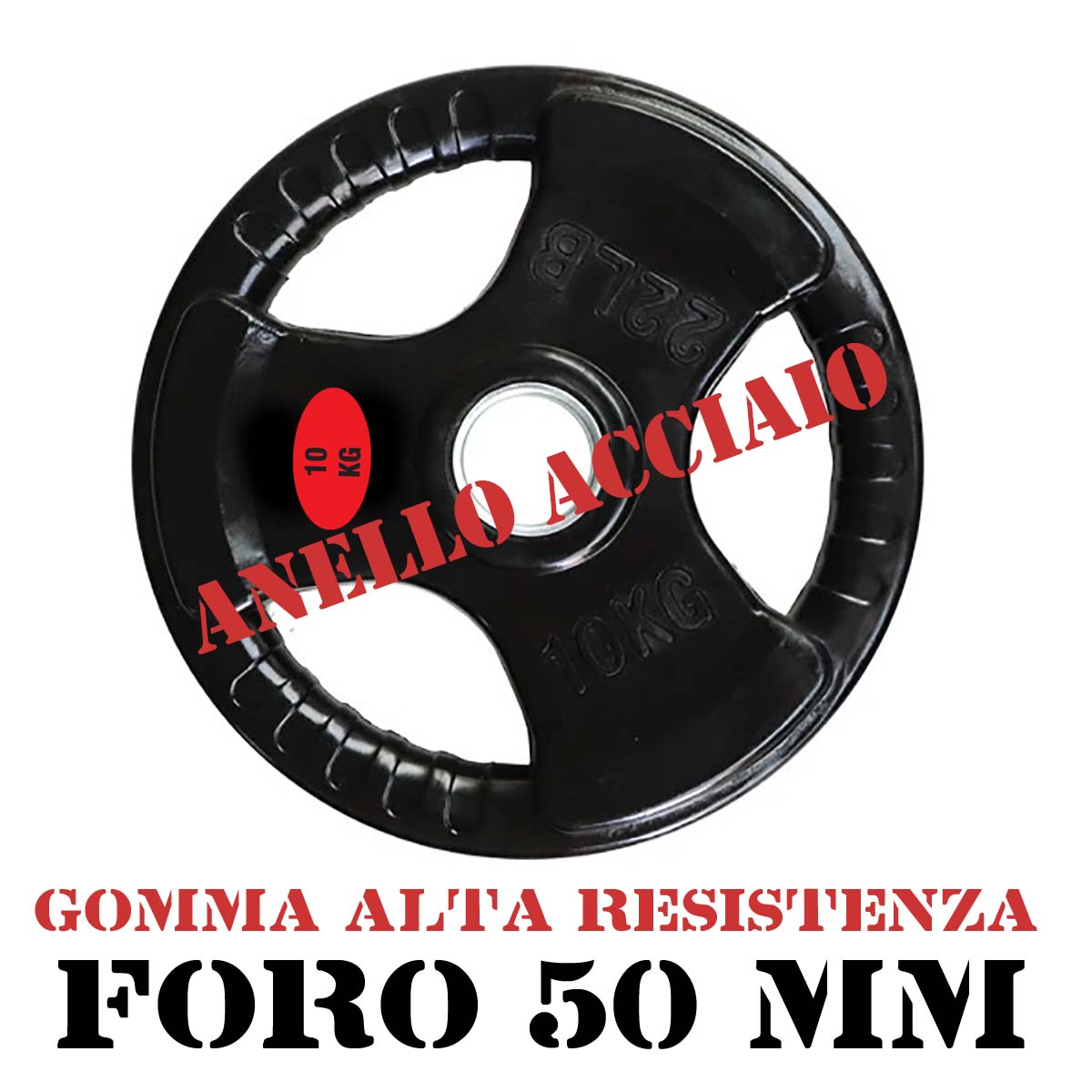 TRIGRIP RUBBER DISC WEIGHT 10 KG WITH STEEL HANDLE AND RING, 50MM HOLE