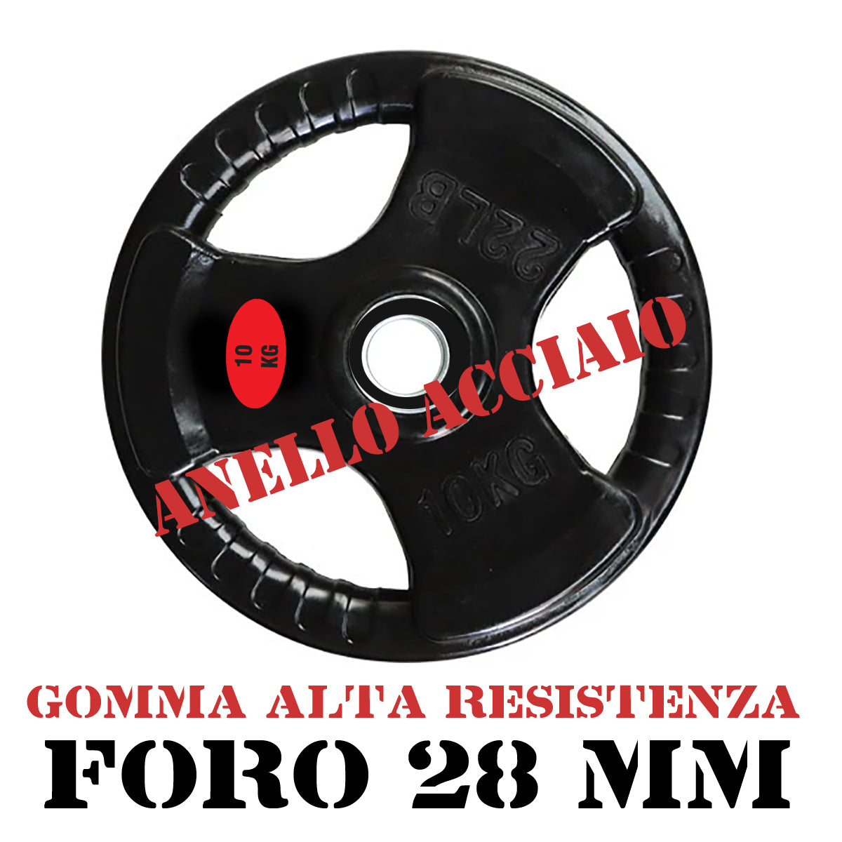 TRIGRIP RUBBER DISC WEIGHT 10 KG WITH STEEL HANDLE AND RING, 28MM HOLE