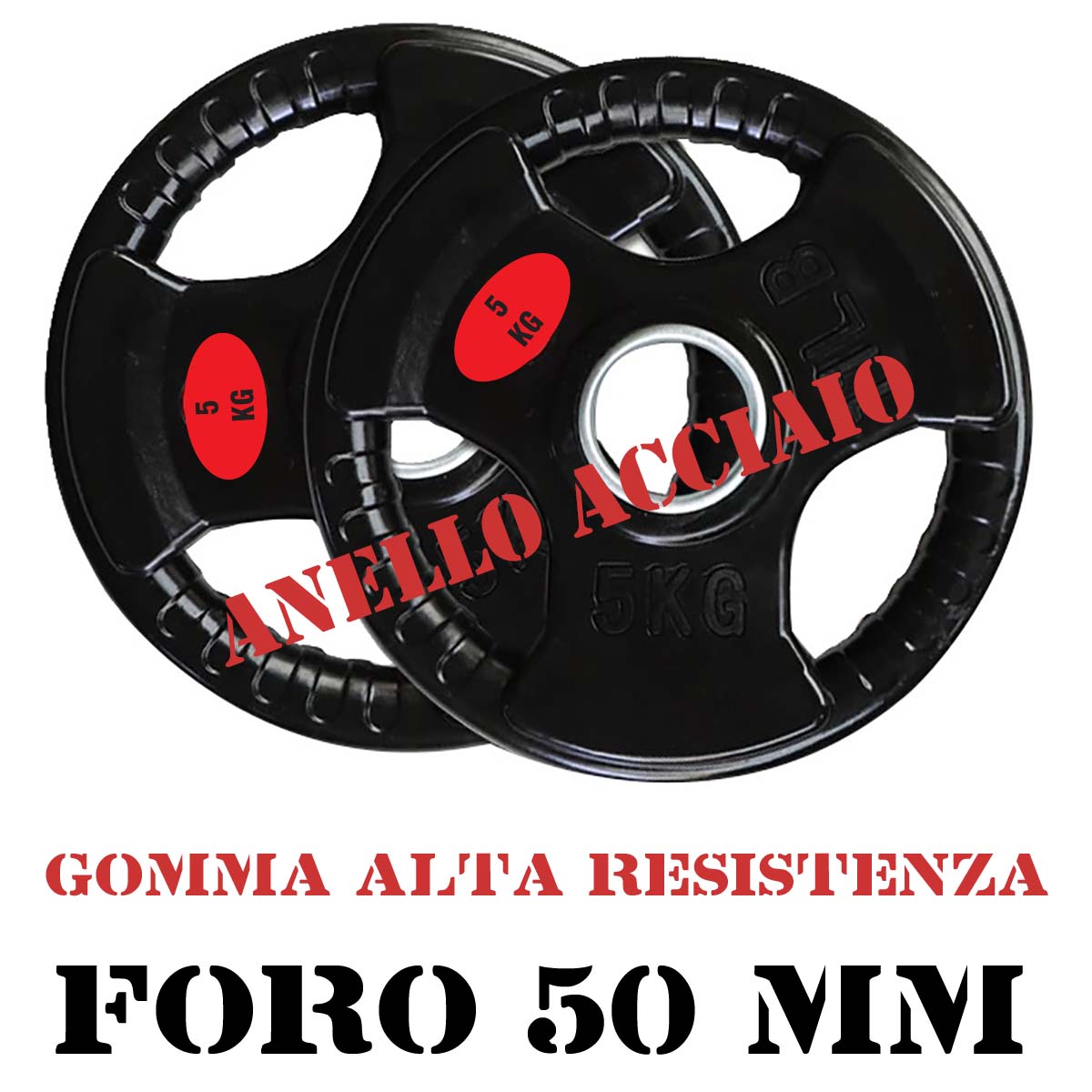 TRIGRIP RUBBER DISC WEIGHT 5 KG WITH STEEL HANDLE AND RING, 50MM HOLE